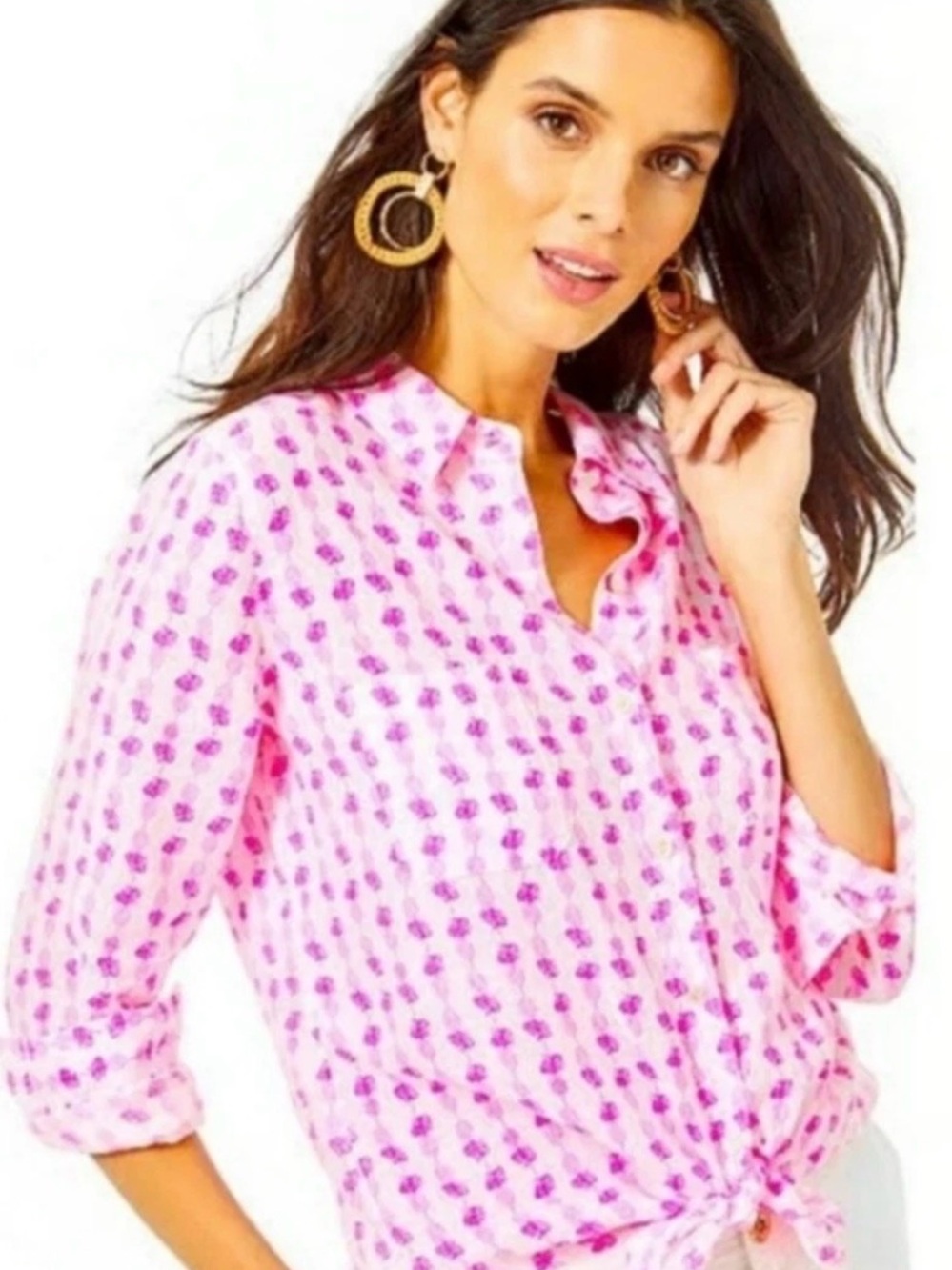 Lilly Pulitzer Sea View 100% Linen Button Down Shirt in Rousseau Pink Pineapple